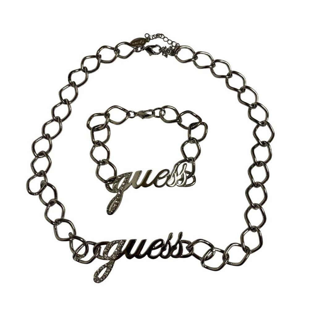 Guess Silver-Tone Chain Necklace & Bracelet Set With Rhinestone Script Logo NIB - Picture 4 of 14